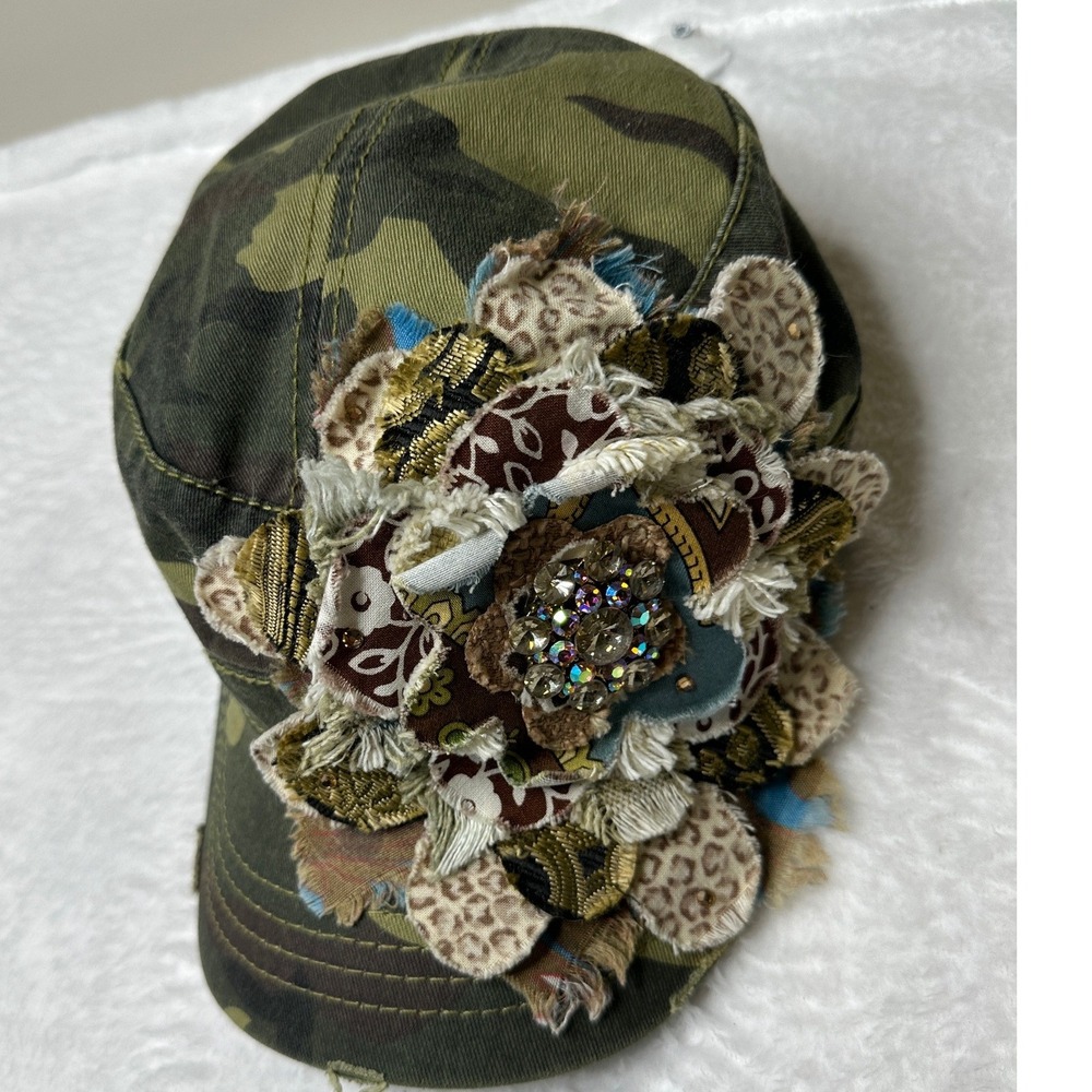 Frayed Flower Camo Cadet Hat Womens OS Green Rhinestone Floral Distressed Y2K